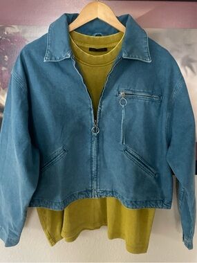 Zara Teal Cropped Zip-Up Jacket